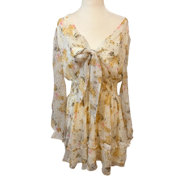 NEW Floral‎ Ruffle Skirt Size Large Mini Dress Smocked Waist Girly Garden Party - Picture 3 of 8